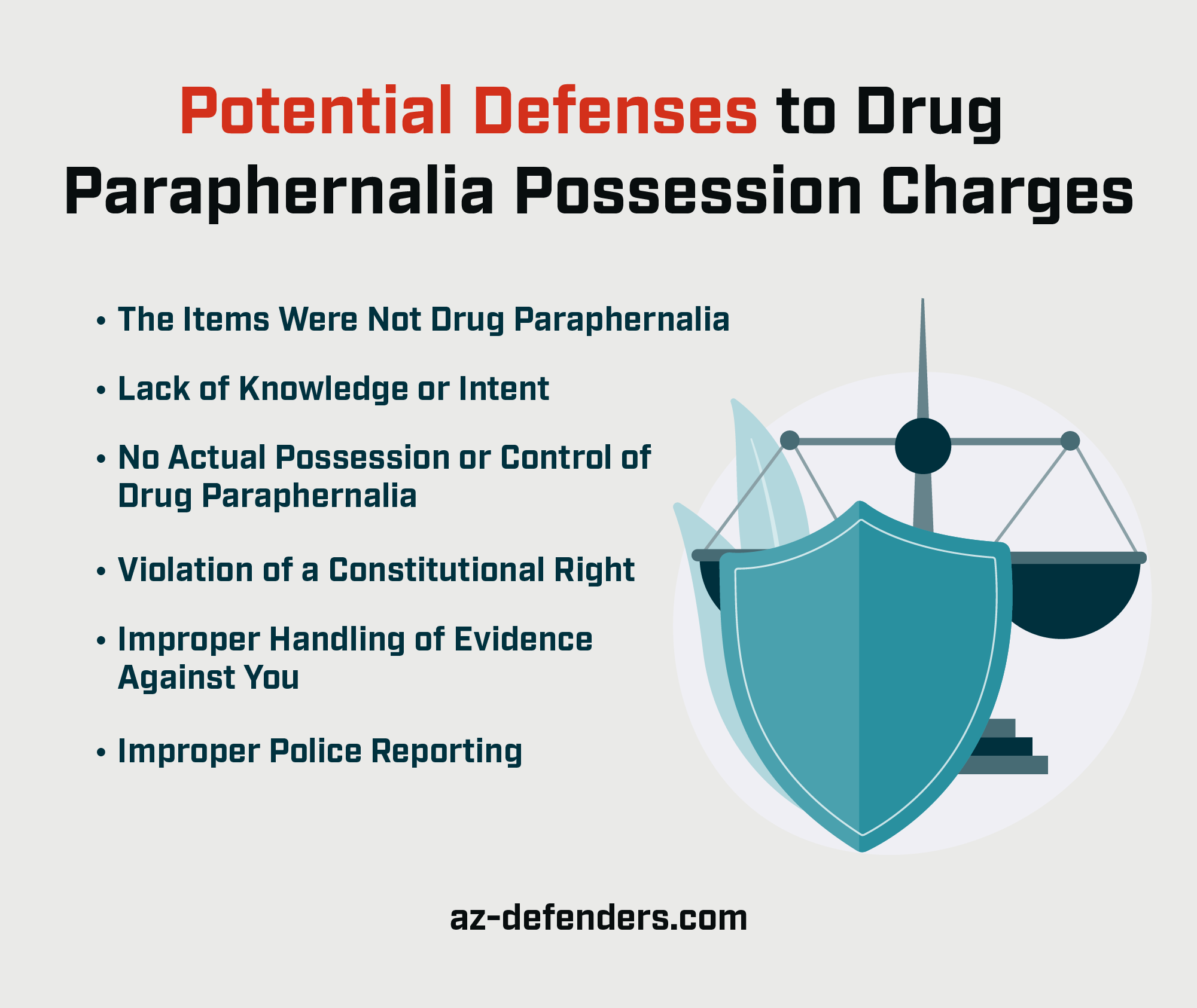 A custom graphic listing potential defenses to drug paraphernalia possession charges.